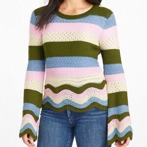Jessica Simpson Striped Bell Sleeve Sweater Retro Wavy Hem Knit Pullover Sz XS